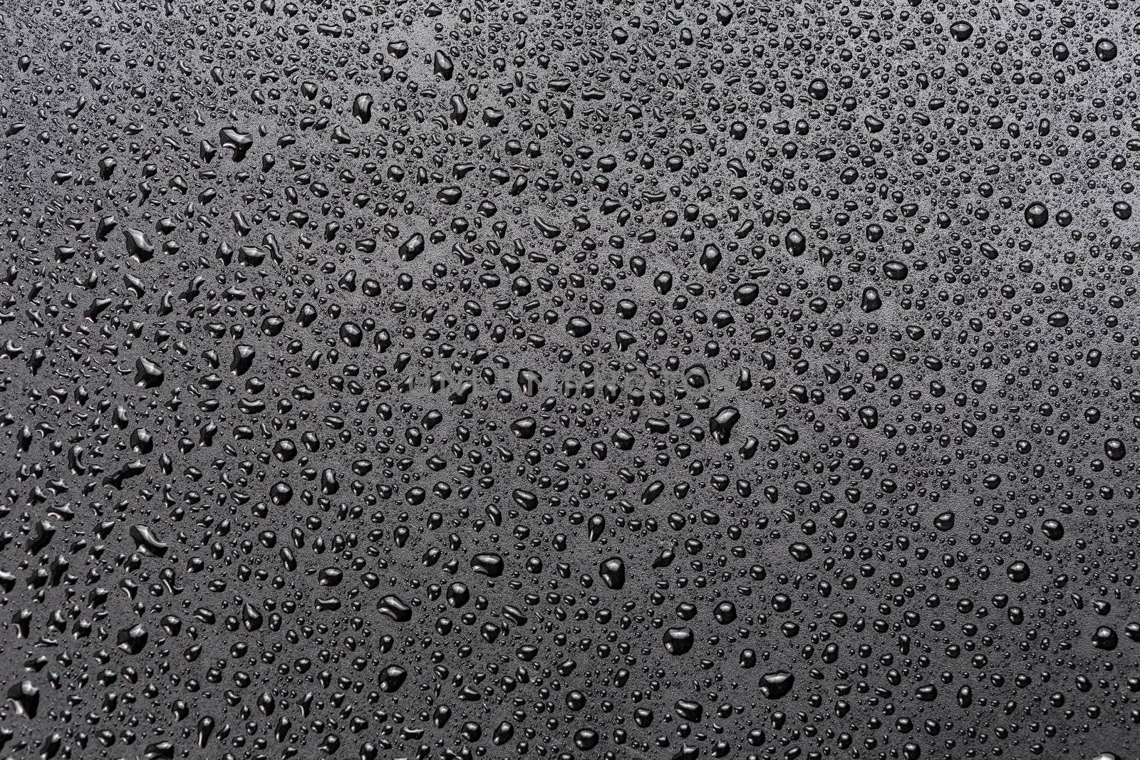 water drops on abstract flat black hydrophobic surface macro background.