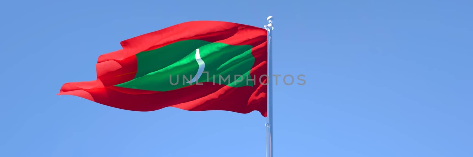 3D rendering of the national flag of Maldives waving in the wind against a blue sky