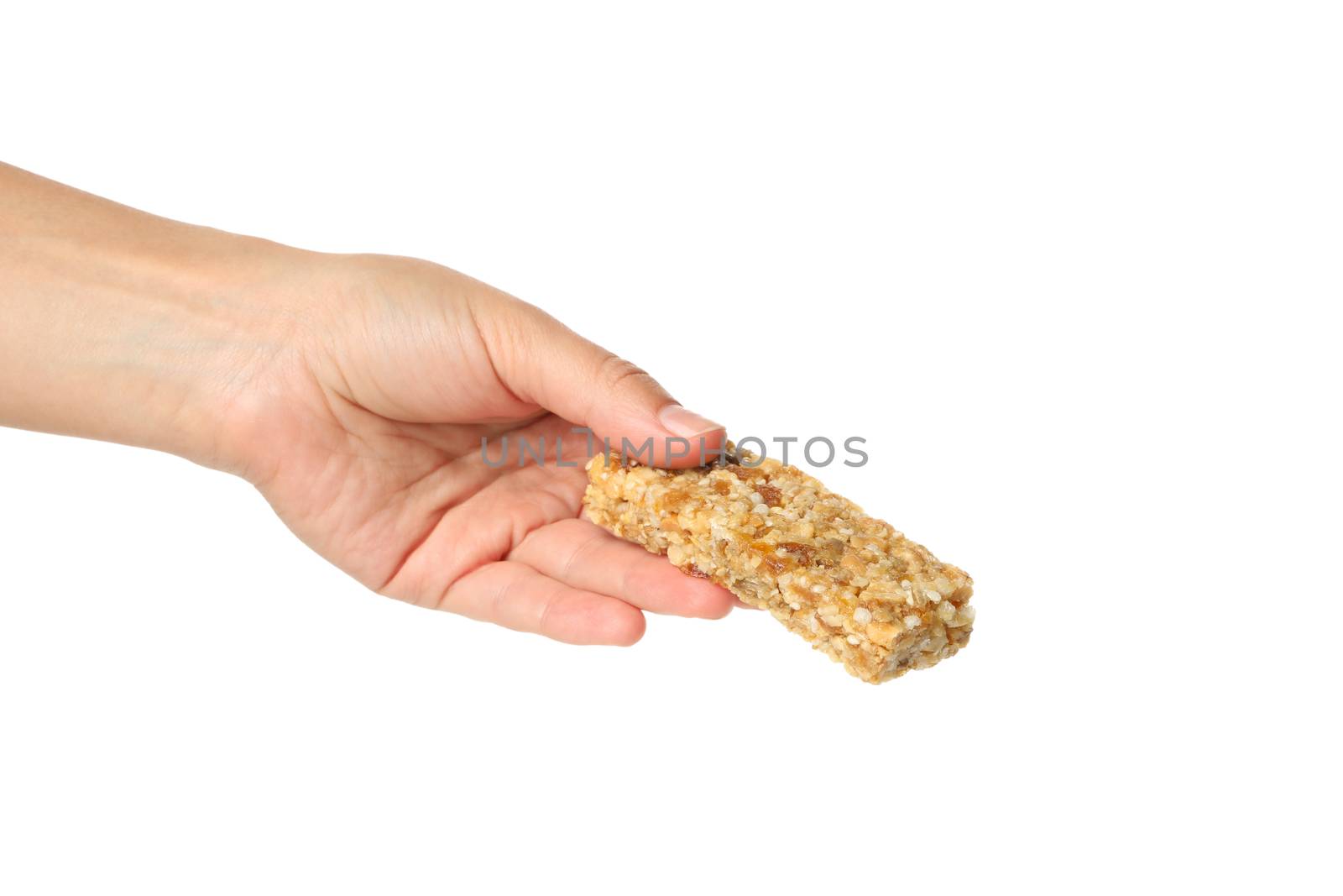 Female hand hold granola bar, isolated on white background