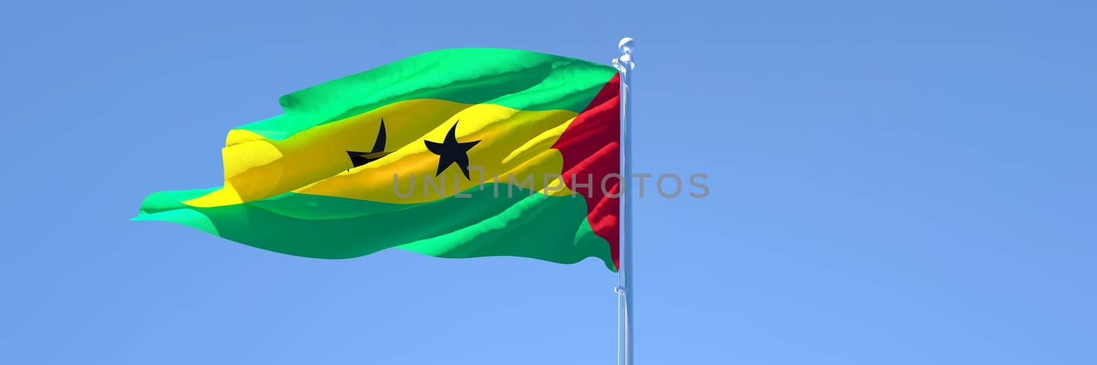 3D rendering of the national flag of Sao Tome And Principe waving in the wind against a blue sky