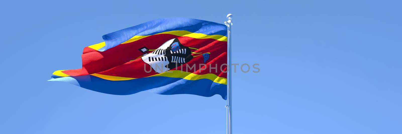 3D rendering of the national flag of Swaziland waving in the wind against a blue sky