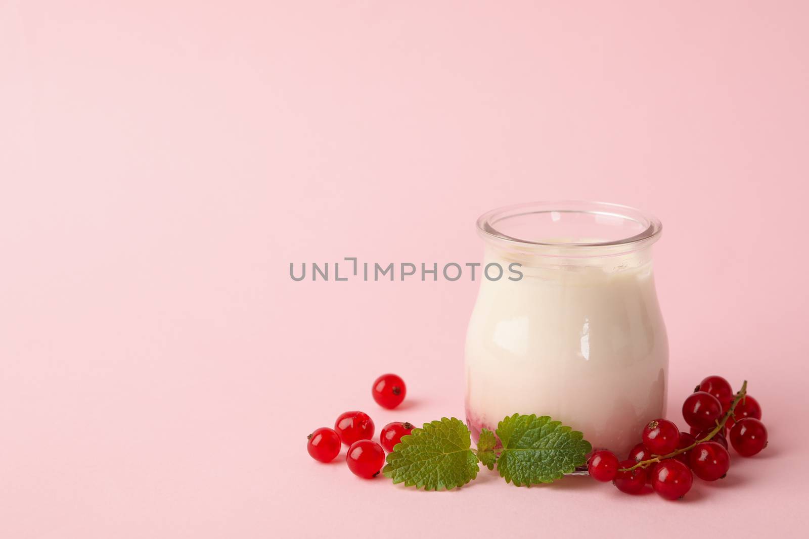 Glass jar of sour cream yogurt and cranberry on pink background