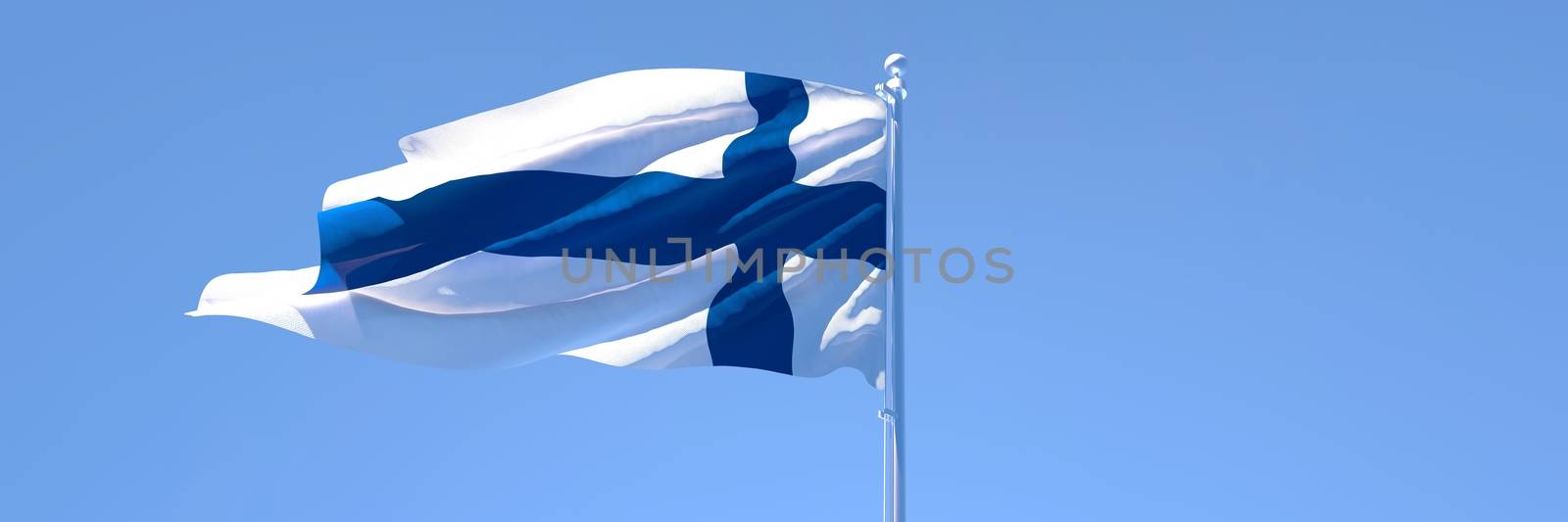 3D rendering of the national flag of Finland waving in the wind against a blue sky