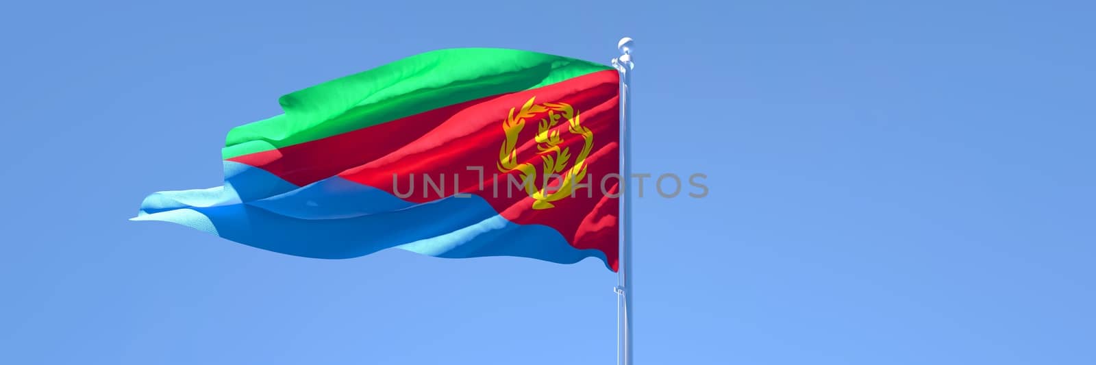 3D rendering of the national flag of Eritrea waving in the wind against a blue sky
