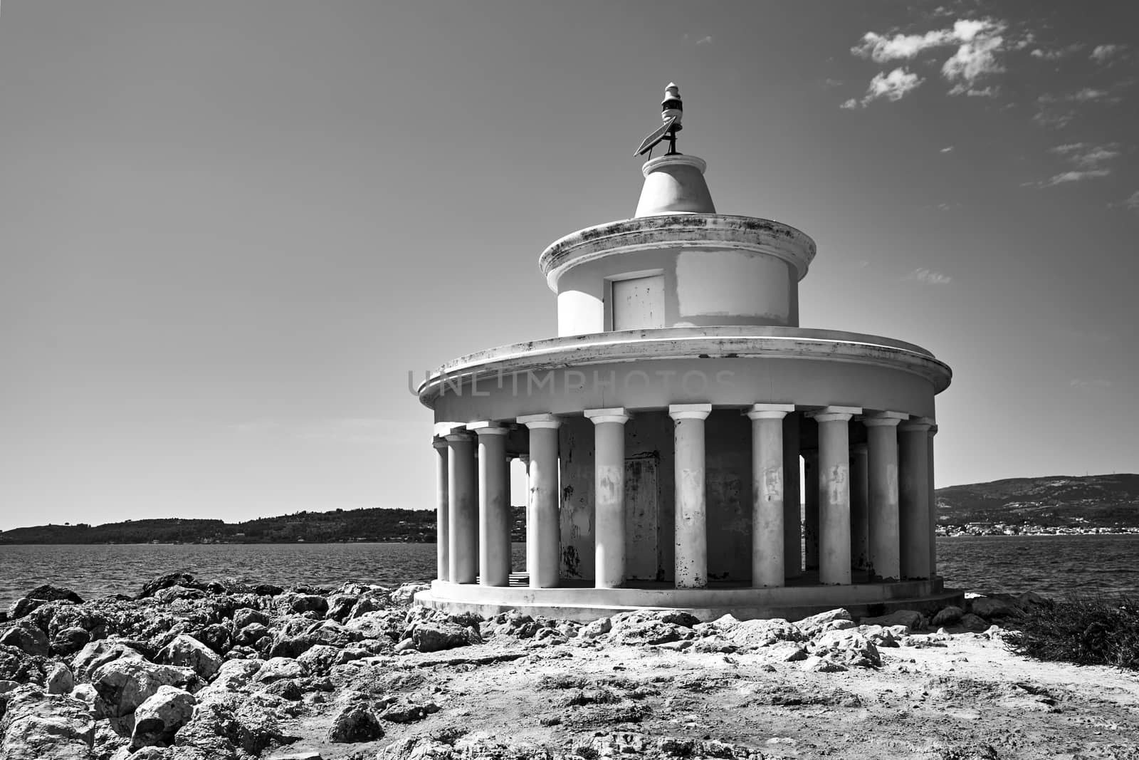 A stately agave on the shores of Paliki Bay on the island of Kefalonia, Greece, black and white