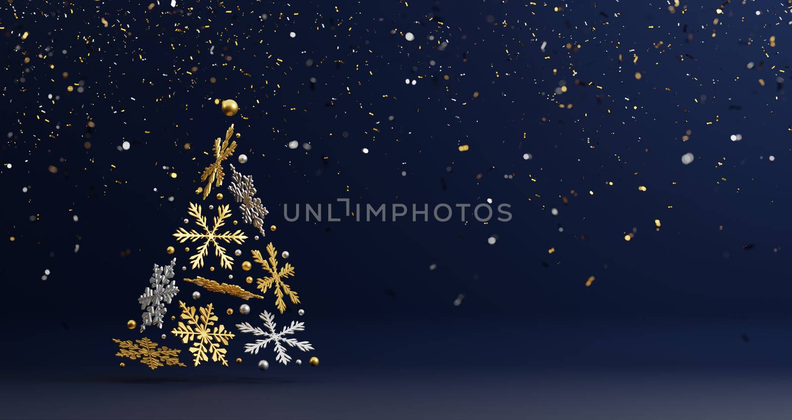 Christmas tree design of luxury snowflake with foil confetti falling on blue background 3d render