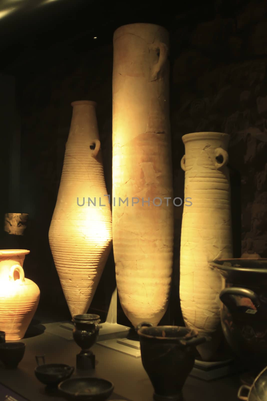 Alicante, Spain- October 8, 2020: Punic pitchers and amphoras found at the Albufereta and Tossal de Manises sites and exhibited at the Archaeological Museum of Alicante