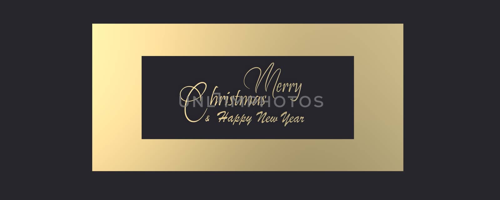 Luxury design in gold and black. Gold Text Merry Christmas Happy New Year on black background. Horizontal Banner. 3D render