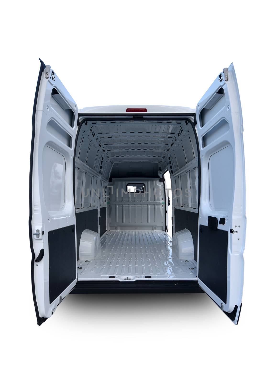 Empty van with rear doors opened, isolated on white background