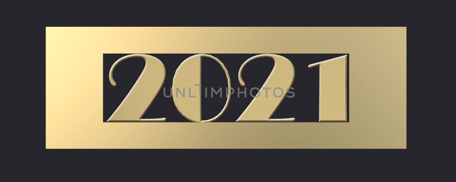 2021 Happy New Year. Gold digit 2021 in gold frame on black background. 3D render