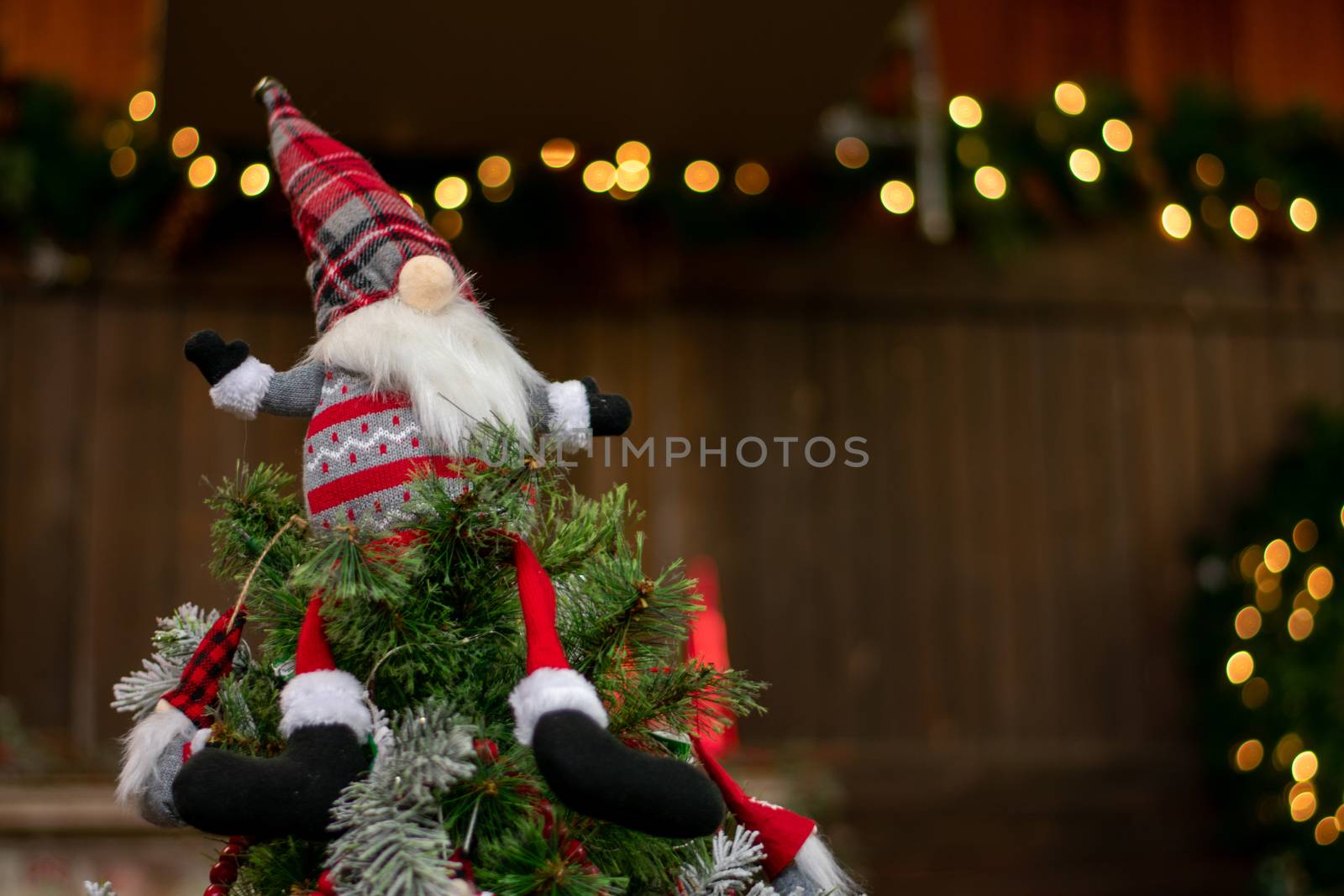 A Christmas Gnome Dressed in a Red Sweater and Hat With a Big Nose on Top of a Christmas Tree With Bokeh Christmas Lights in the Background