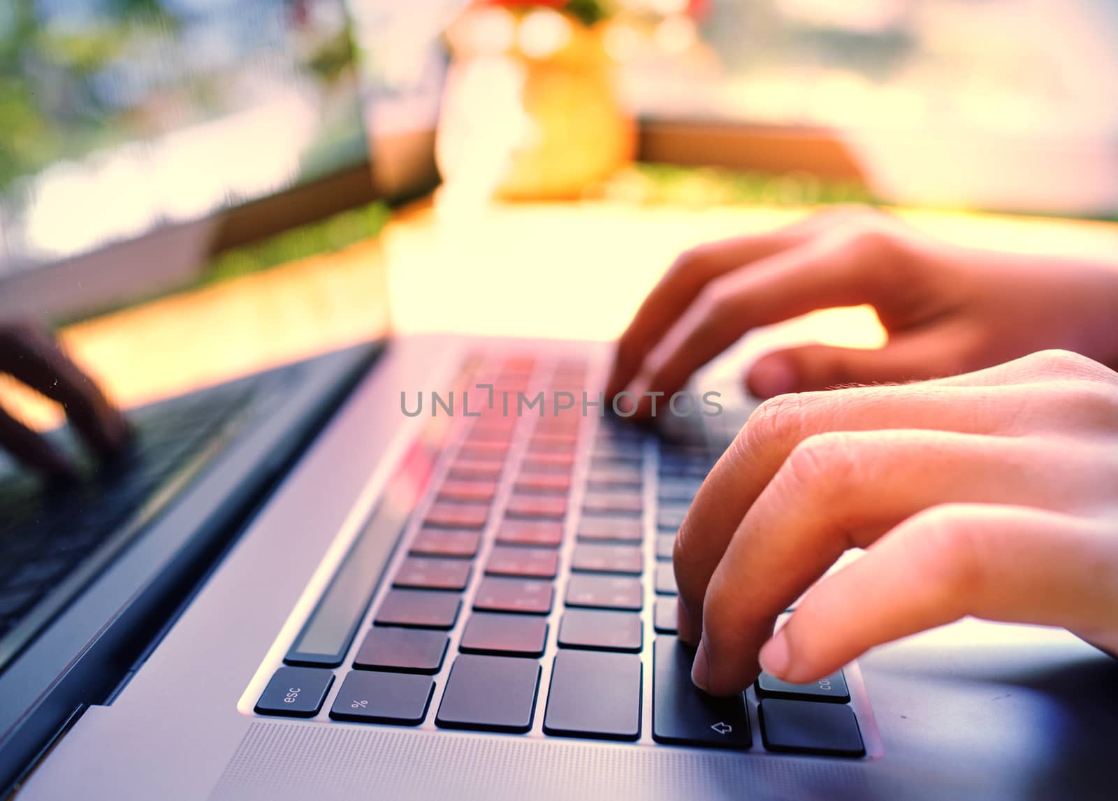 Girl hand typing laptop keyboard in concept coffee shop Wireless by noppha80