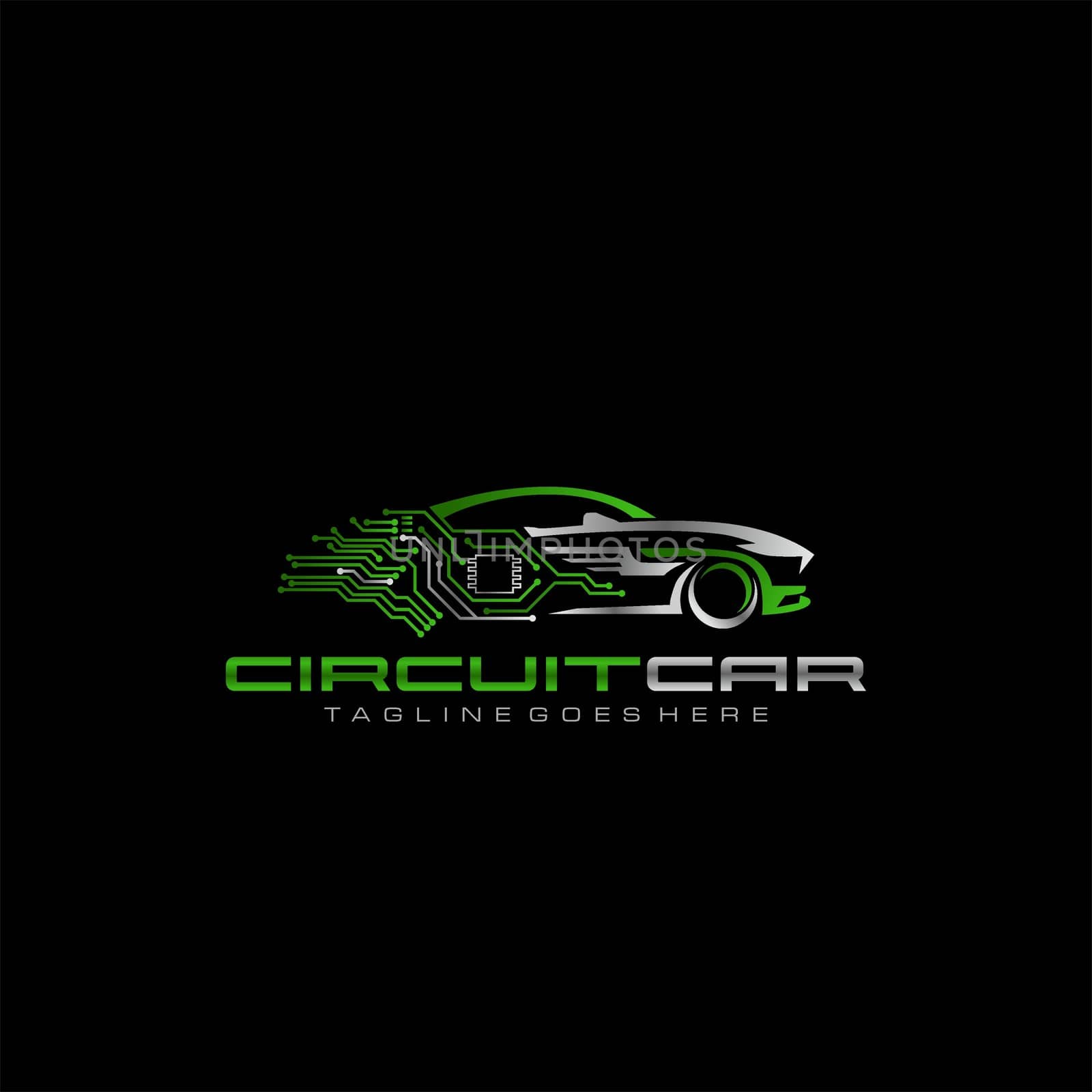 high tech car logo concept. chip circuit board with sportcar elements stock illustration.