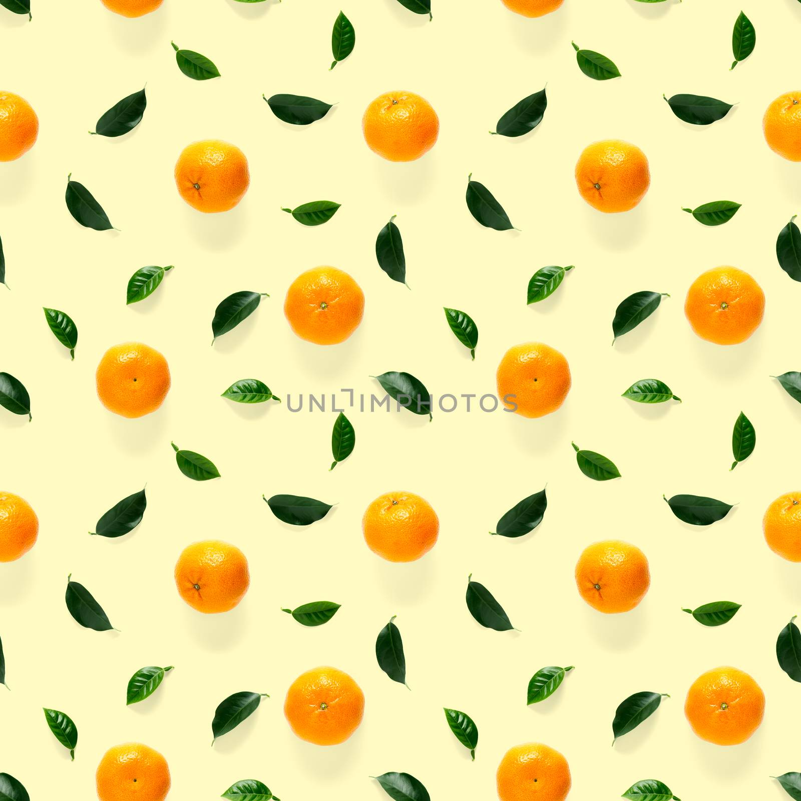 Mandarin seamless pattern, tangerine, clementine isolated on yellow background with green leaves. Collection of fine Mandarine seamless patterns.