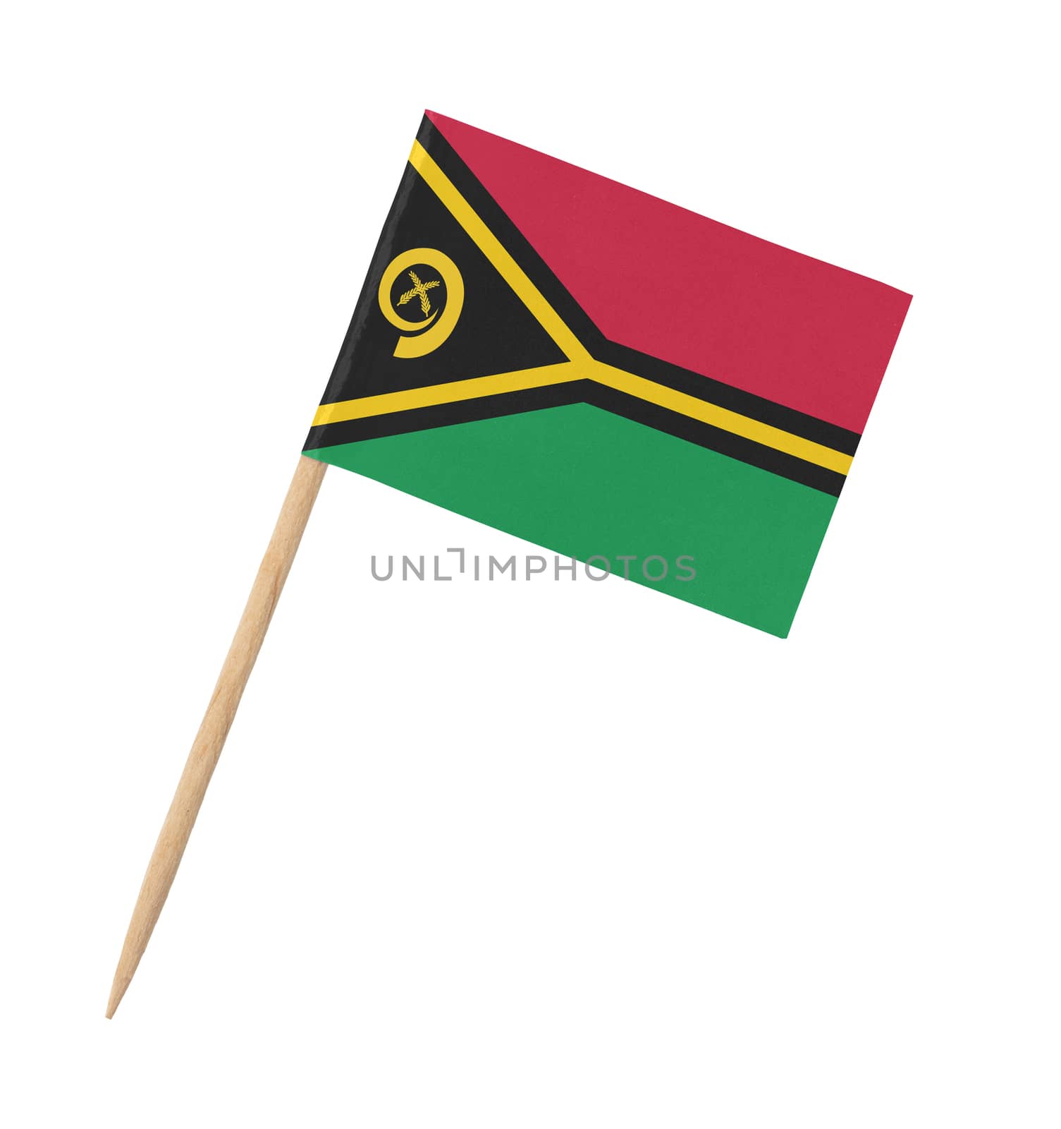 Small paper flag of Vanuatu on wooden stick, isolated on white