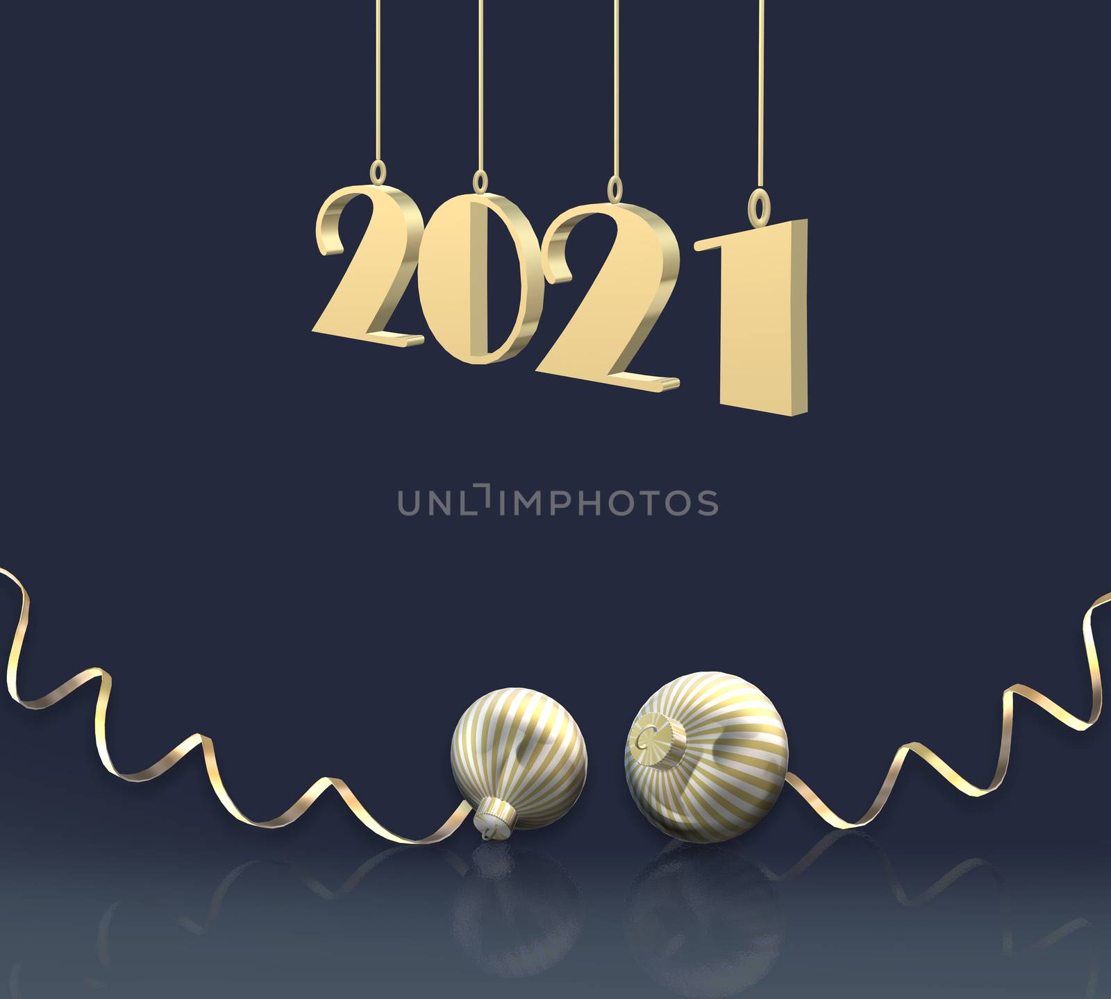 2021 New Year gold realistic background. Gold shiny digit 2021, gold ball bauble, confetti over reflection on blue background. 3D render, Copy space