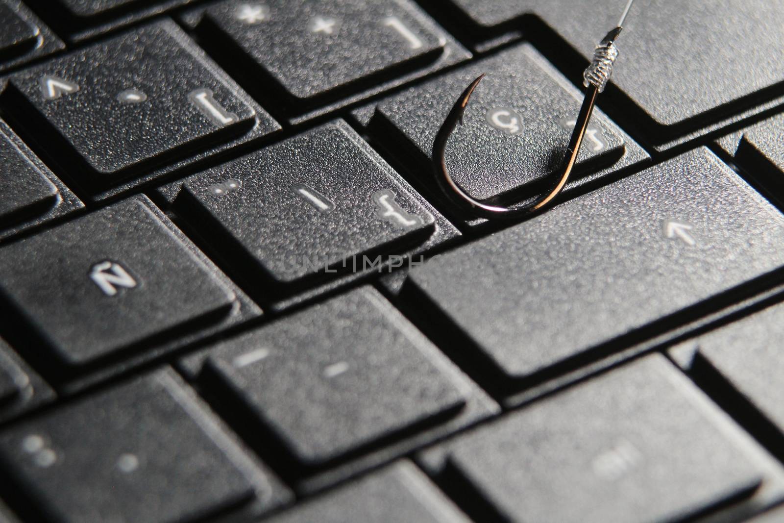 Conceptual picture of a hook on laptop keyboard suggesting cyber fraud and phishing