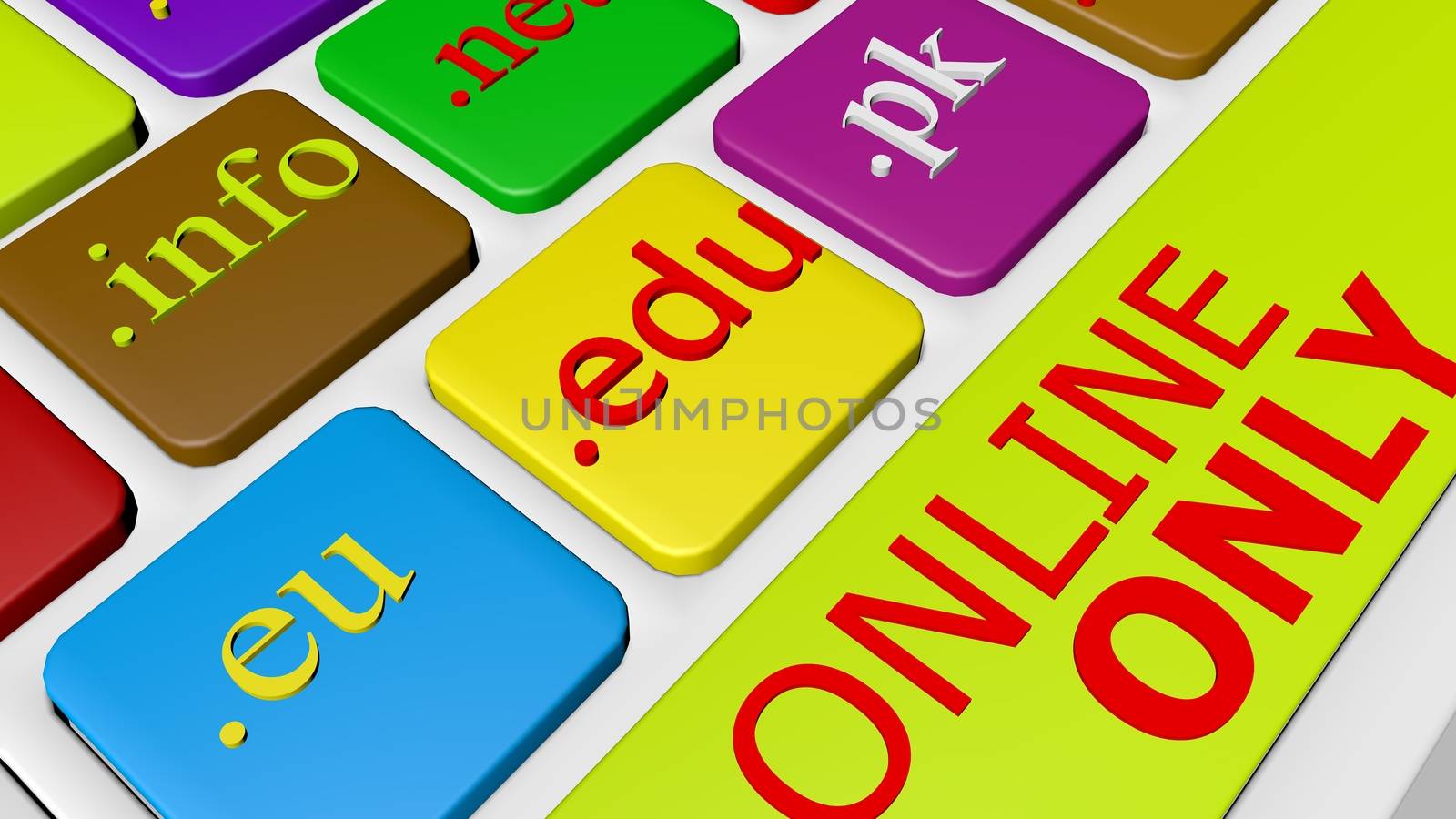 Computer keyboard button key with colorful website and Internet domain names. 3D Illustration of keyboard keys with letter of website links  for online business e-commerce concept. 3D Rendering