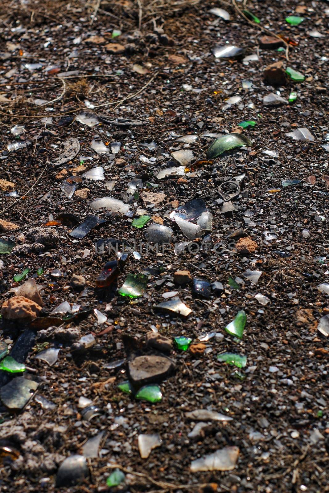 Texture of broken glass on the ground