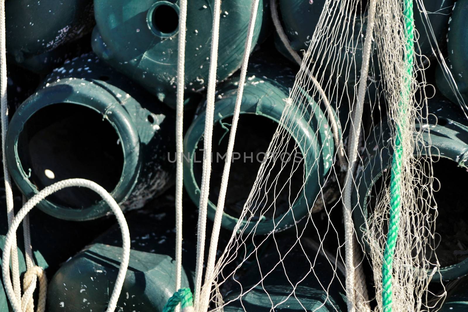 Traps to fish octopus and nets in the pier of Santa Pola, Spain