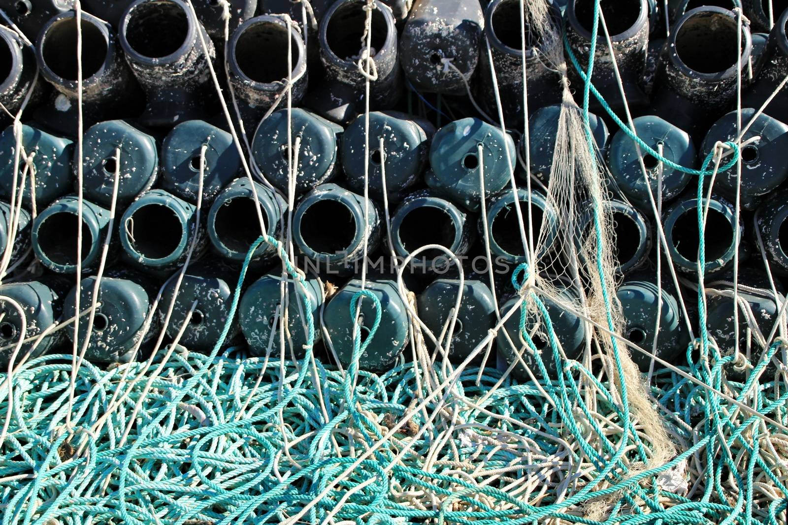 Traps to fish octopus and nets in the pier of Santa Pola, Spain