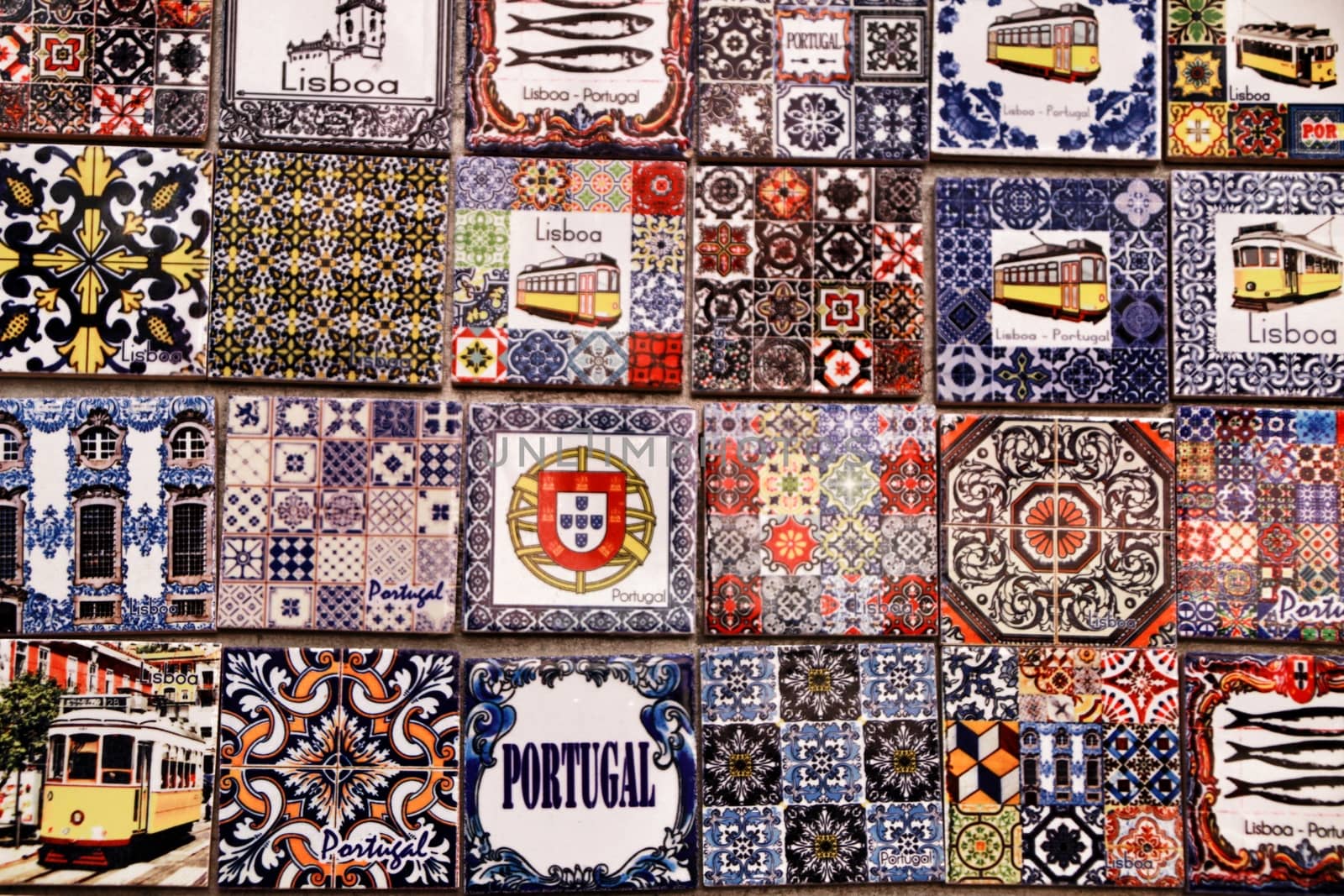 Lisbon, Portugal- March 13, 2019: Fridge souvenir magnets imitating portuguese tiles for sale