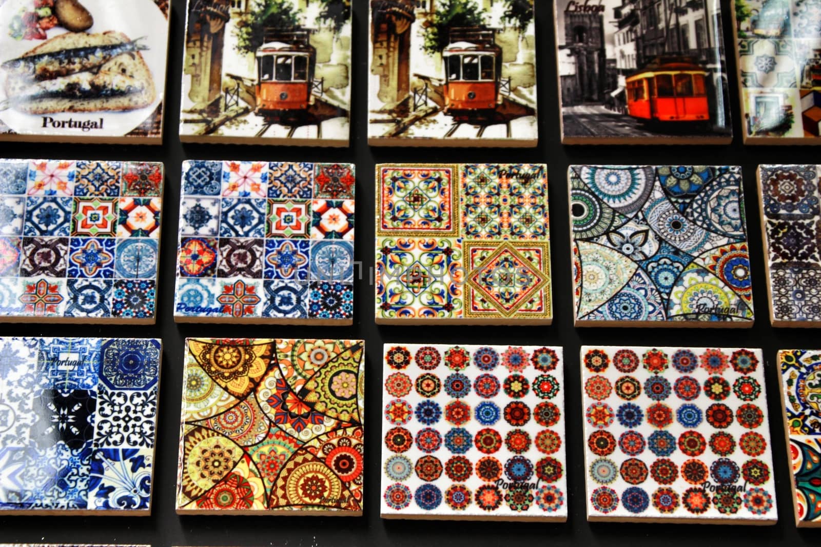 Lisbon, Portugal- March 13, 2019: Fridge souvenir magnets imitating portuguese tiles for sale