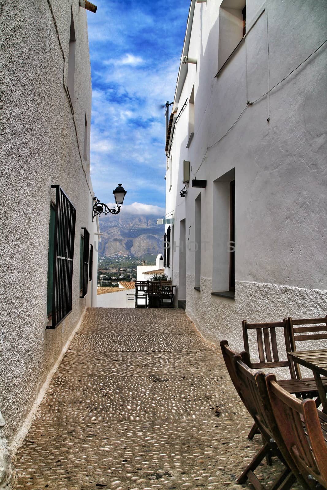 Narrow streets and beautiful white facades in Altea, Alicante, Spain