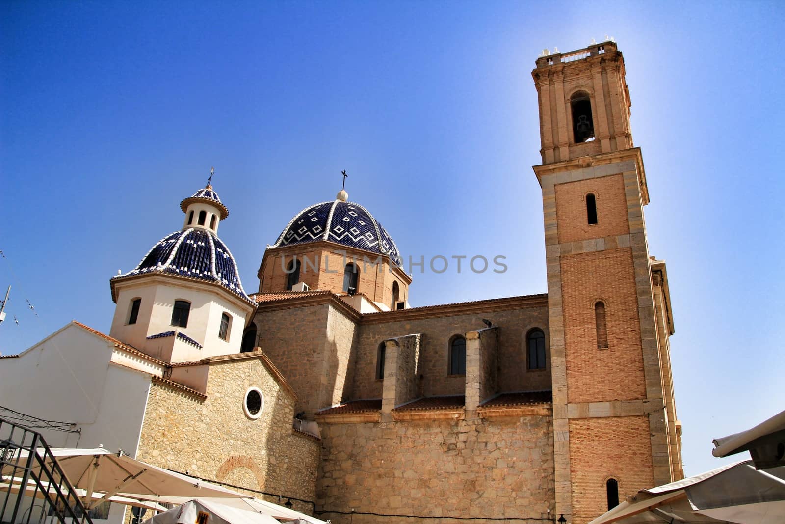 Altea, Alicante, Spain- July 8, 2020: Nuestra señora del Consuelo church in Altea square in summer