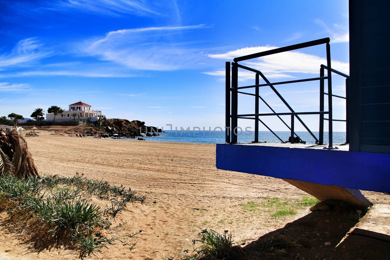 Beautiful Bahia beach in Mazarron, Murcia, Spain. Island in the background.