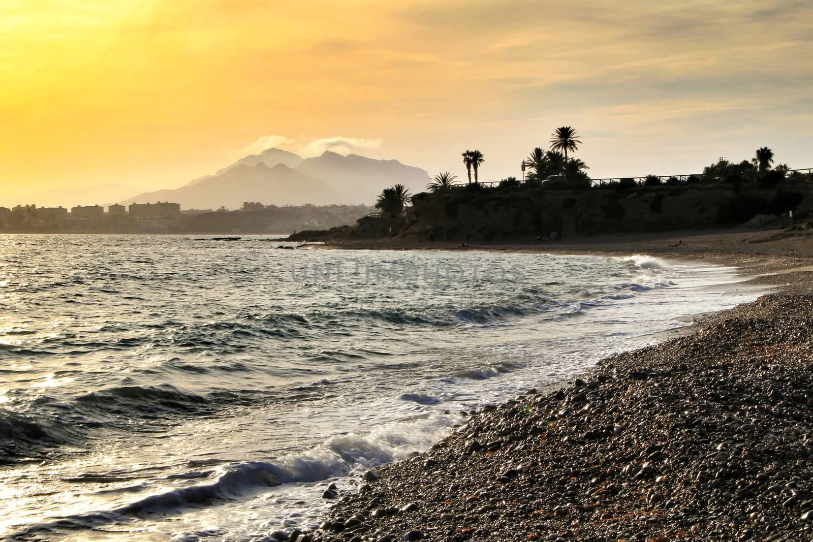Beautiful Sunset on Mojon beach in Isla Plana, Cartagena, Murcia,Spain.