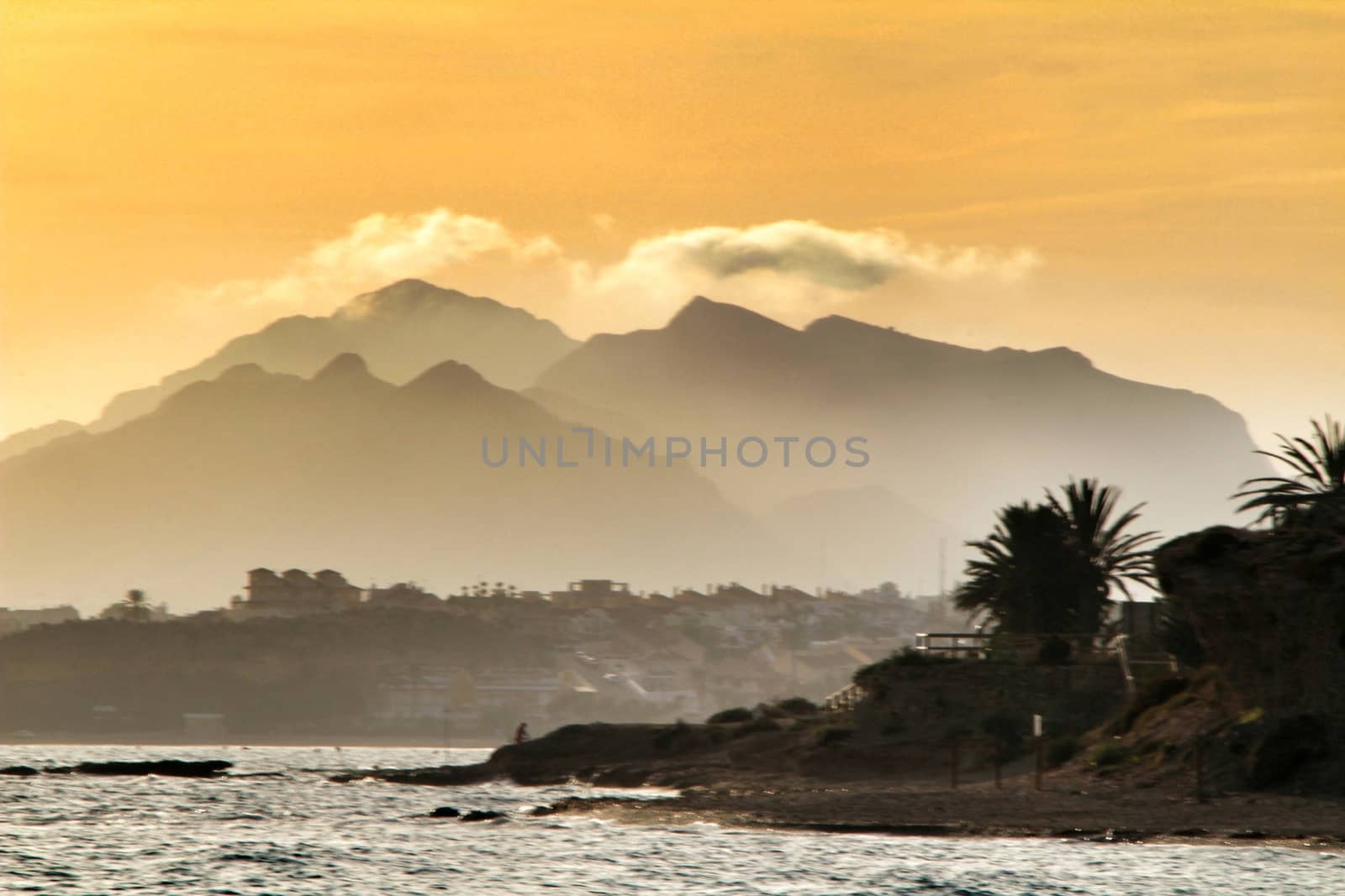 Beautiful Sunset on Mojon beach in Isla Plana, Cartagena, Murcia,Spain.