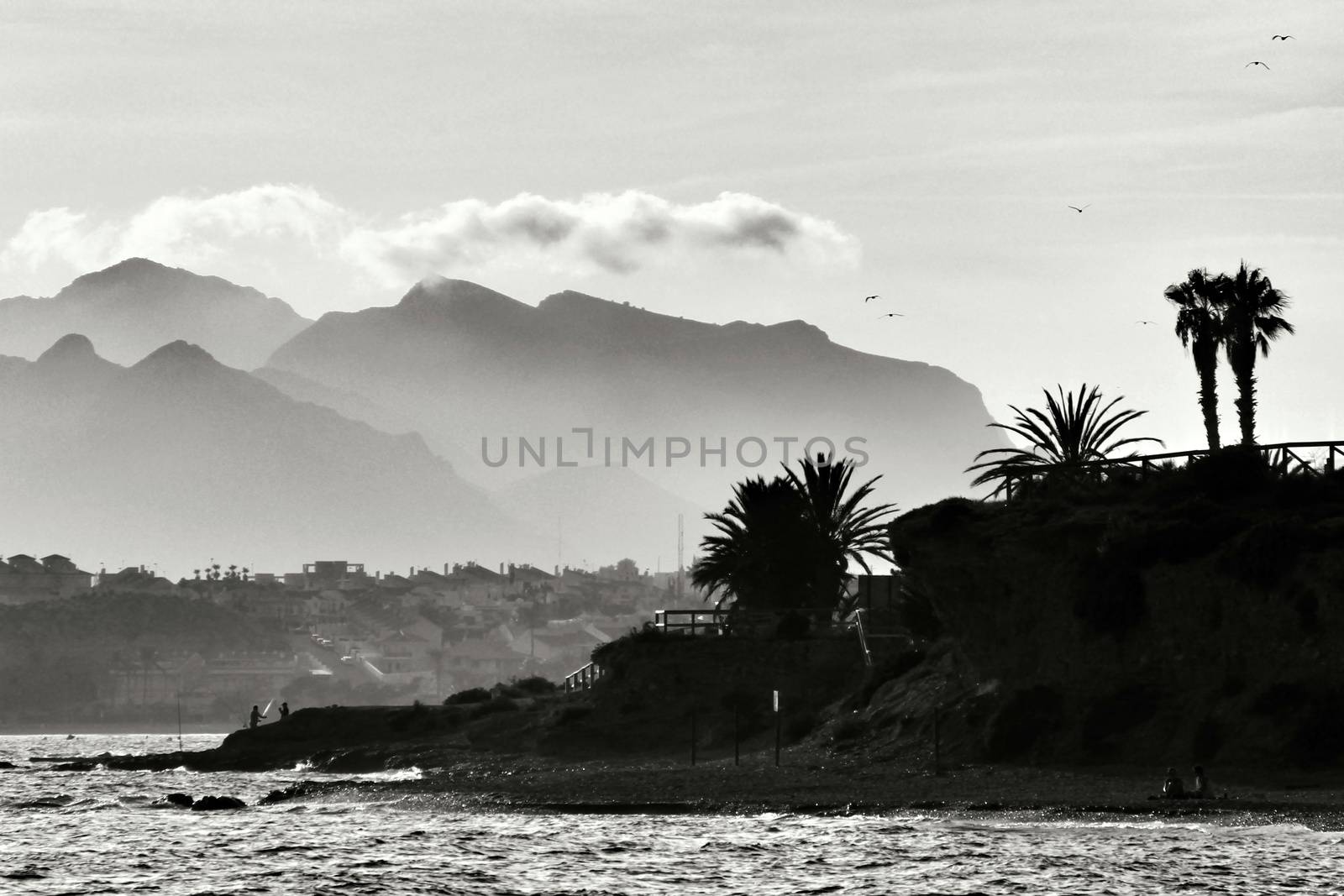 Evening on Mojon beach in Isla Plana, Cartagena, Murcia,Spain. Monochrome picture.