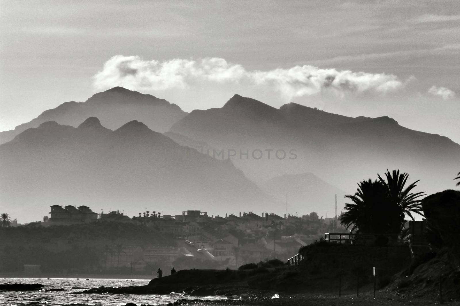 Evening on Mojon beach in Isla Plana, Cartagena, Murcia,Spain. Monochrome picture.