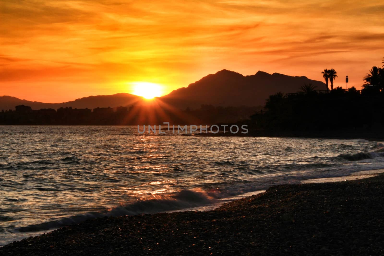 Beautiful Sunset on Mojon beach in Isla Plana, Cartagena, Murcia,Spain.