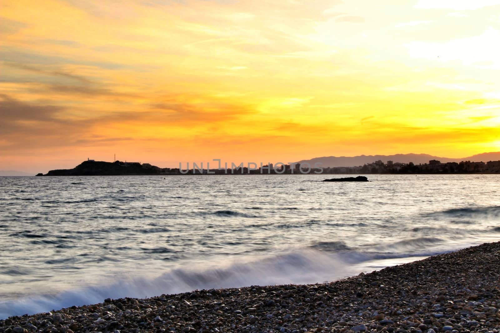 Beautiful Sunset on Mojon beach in Isla Plana, Cartagena, Murcia,Spain.