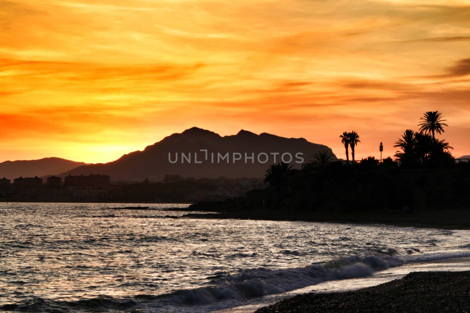 Beautiful Sunset on Mojon beach in Isla Plana, Cartagena, Murcia,Spain.