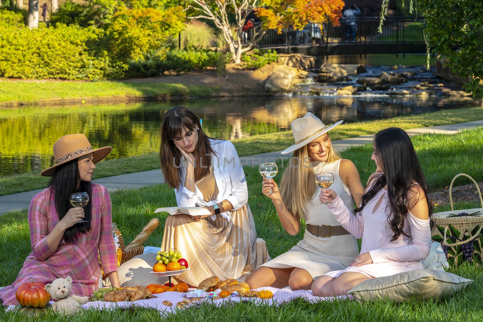 A group of beautiful women enjoy a picnic on a fall day outdoors