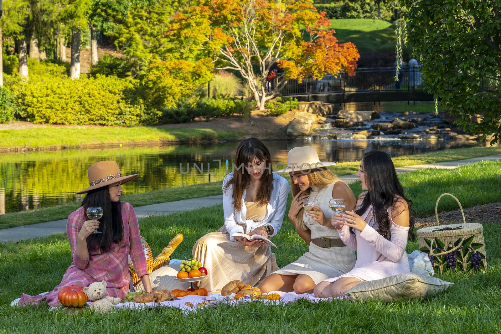 A group of beautiful women enjoy a picnic on a fall day outdoors