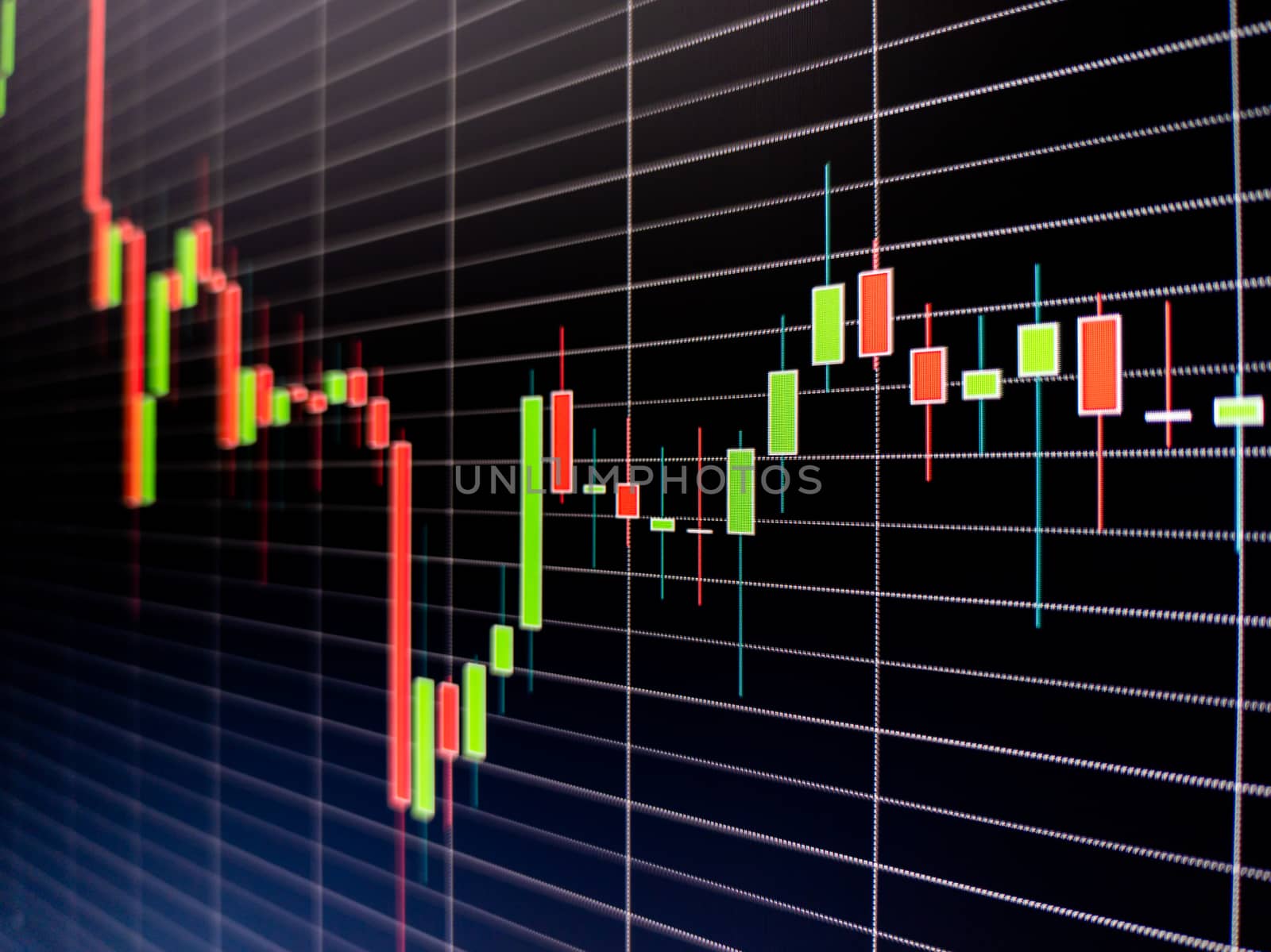 Abstract simple candlestick chart on dark blue digital screen. Display of quotes pricing graph visualization. Stock market data chart, graph with grid on blue background.