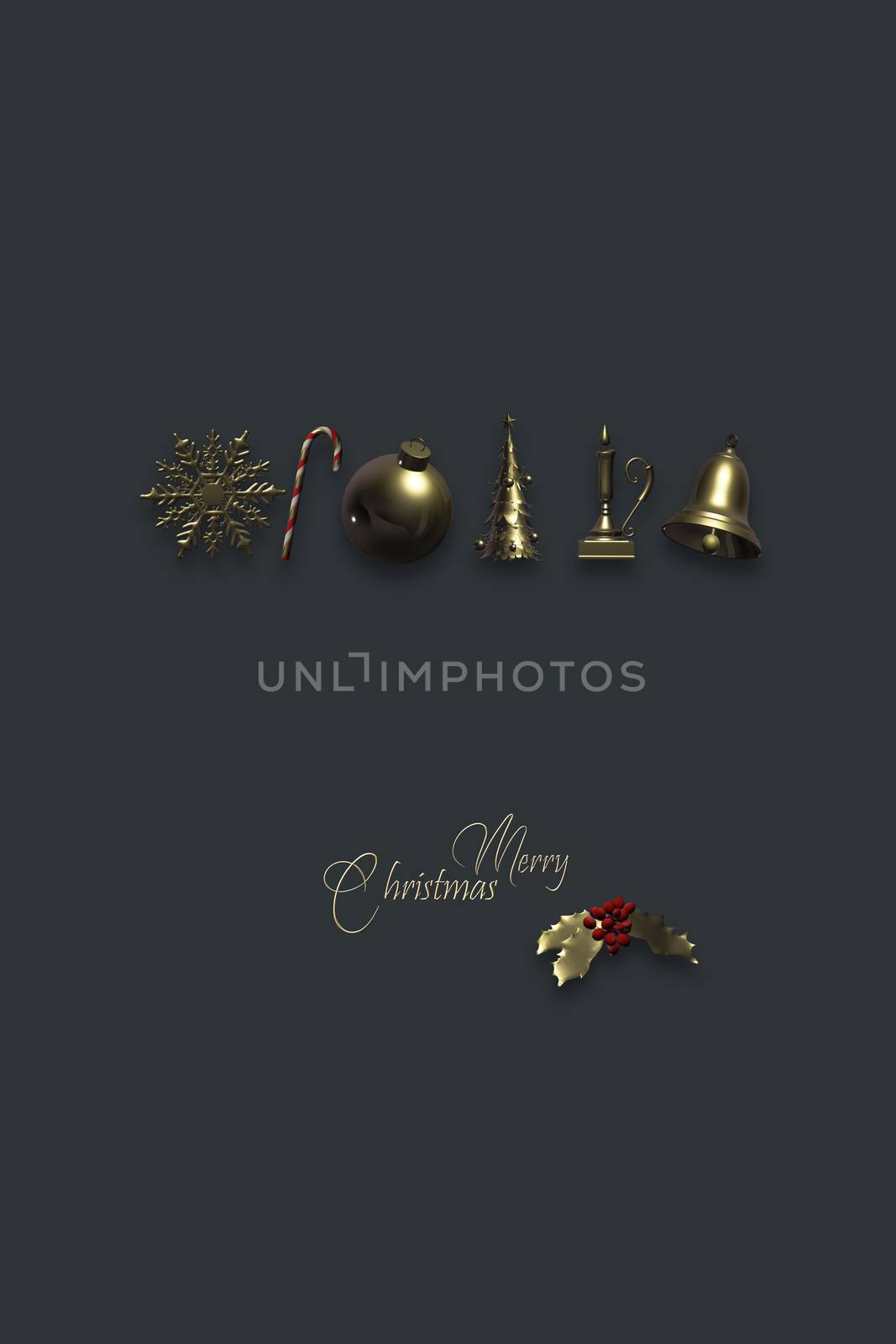 Christmas background with gold symbols of Xmas. Snowflakes, candy cane, ball, tree, candle, bell. Shiny gold text Merry Christmas on dark background. 3D render. Place for text