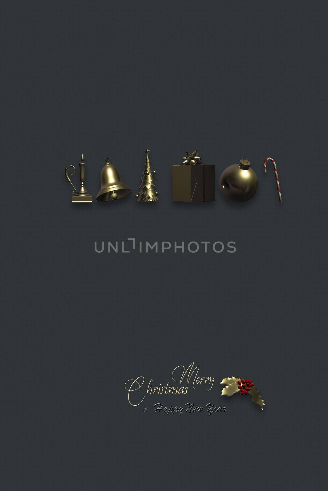 Christmas gold symbols. Xmas tree, snowflakes, ball, candle, bell, gift box on red gold candy cane over black. Shiny gold text Merry Christmas and Happy New Year. 3D render. Place for text