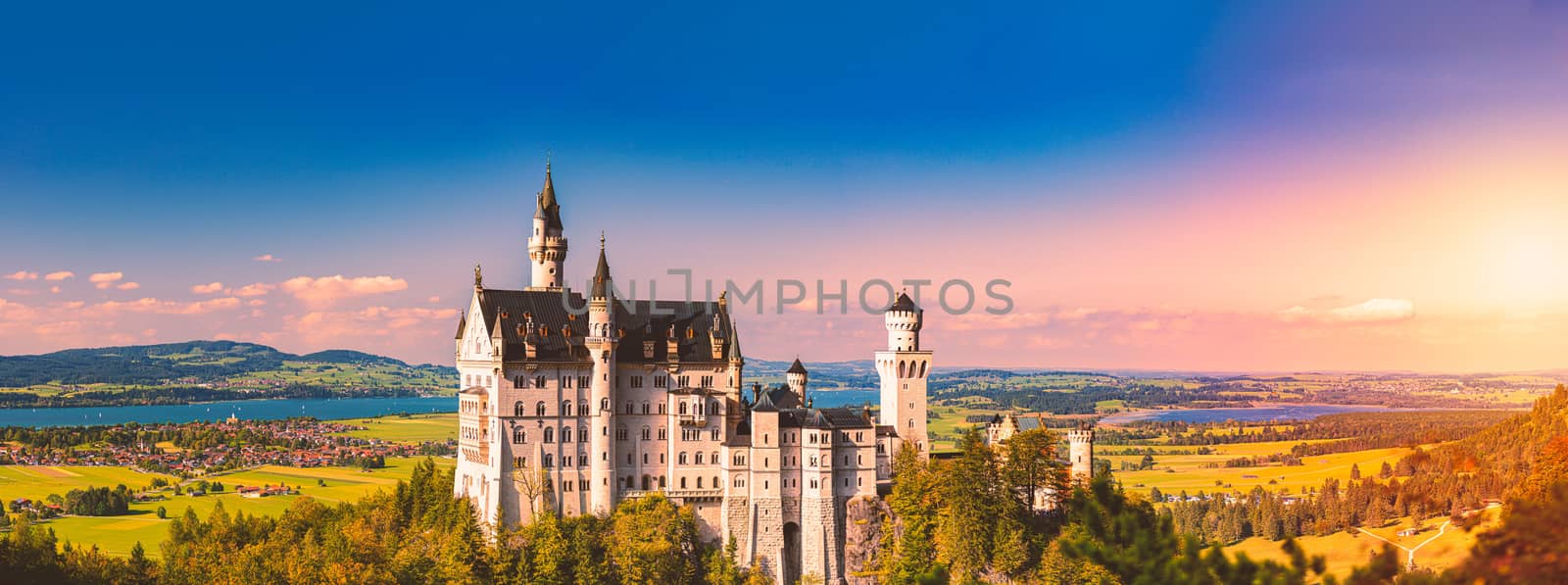 Beautiful view of world-famous Neuschwanstein Castle, the nineteenth-century Romanesque Revival palace built for King Ludwig II on a rugged cliff near Fussen, southwest Bavaria, Germany, Europe