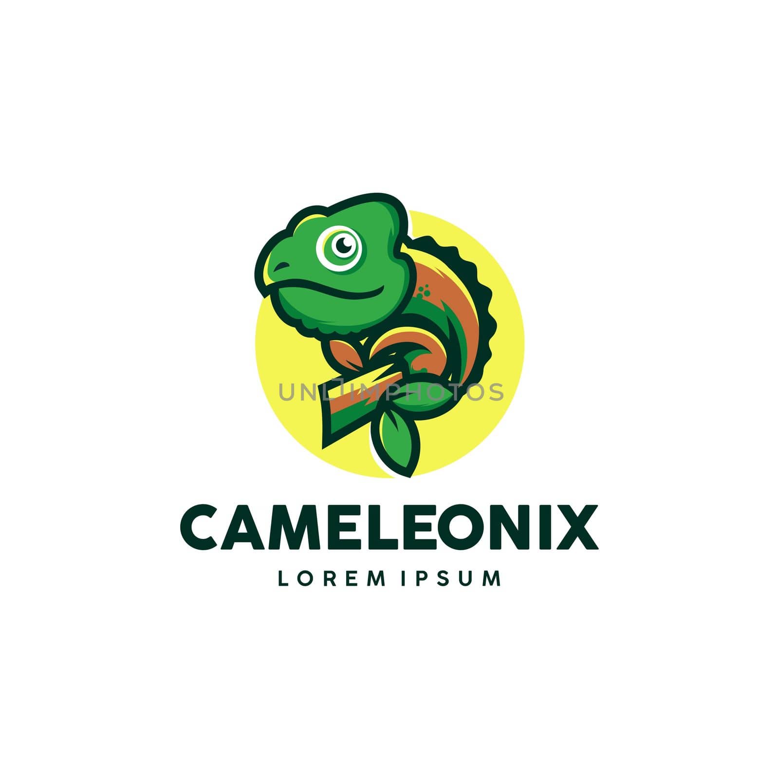 Exotic Chameleon logo template. Colored lizard grasping on tree branch vector design. Exotic animal design stock illustration.
