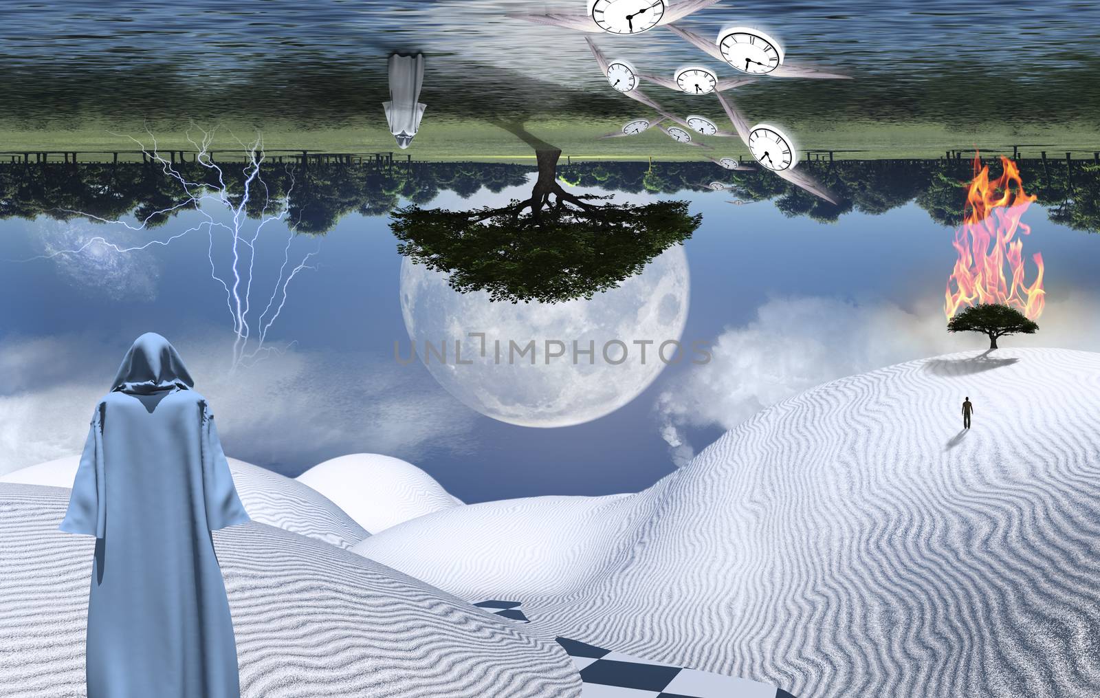 Figure in cloak stands in desert. Burning tree on a sand dune. Figures of man and monk in a distance. Moon reflected in the ocean. Winged clocks represents flow of time. 3D rendering