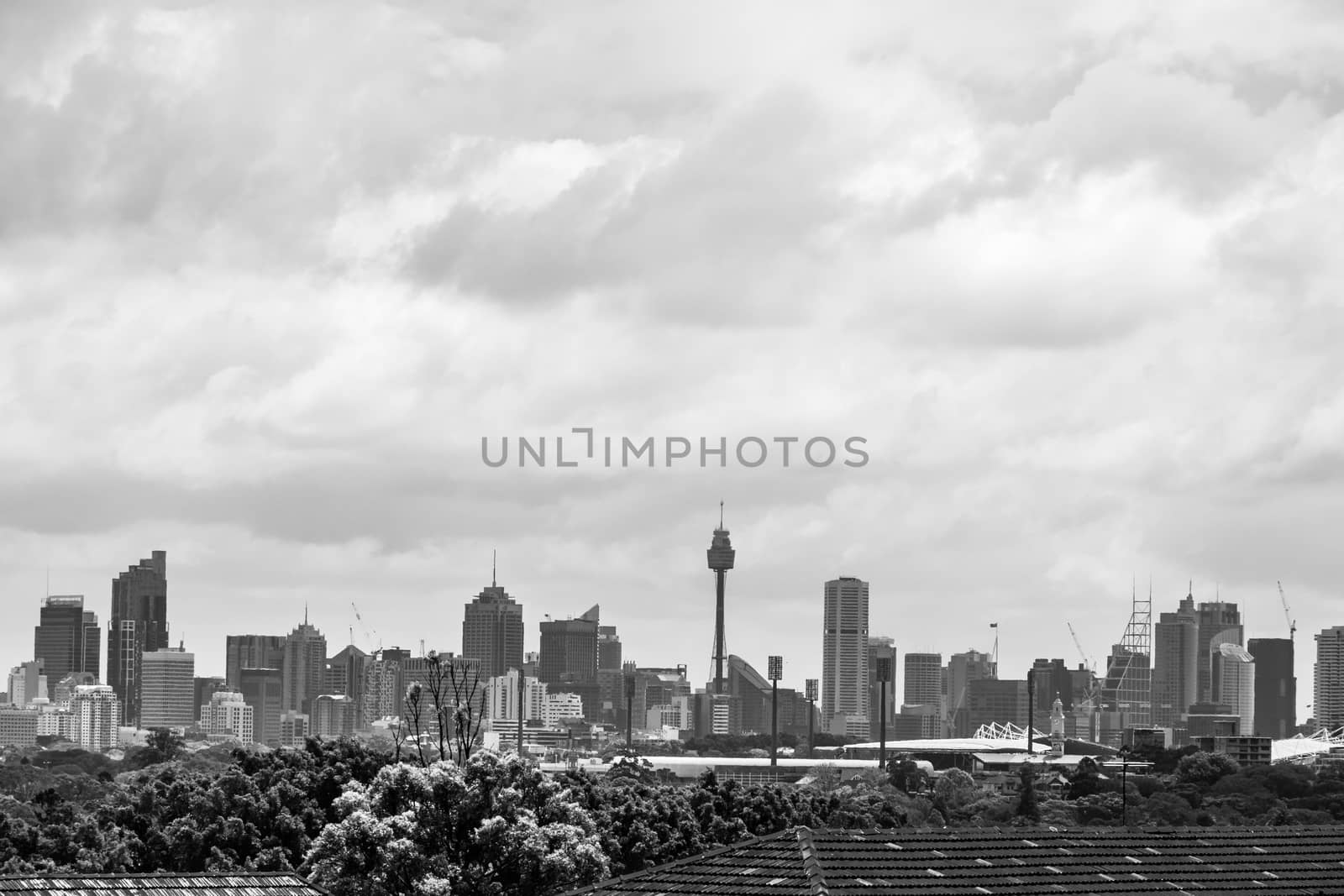 Sydney, NSW - 22 10 2018: Black and white cloudy view of the CBD by mauricallari