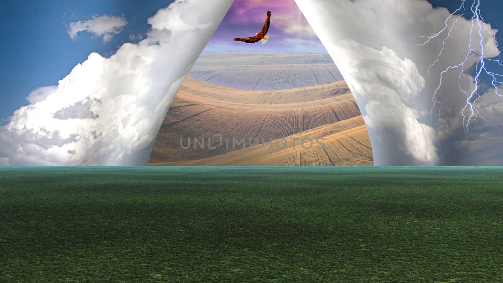 Sky pulled apart like curtain to reveal other landscape. 3D rendering
