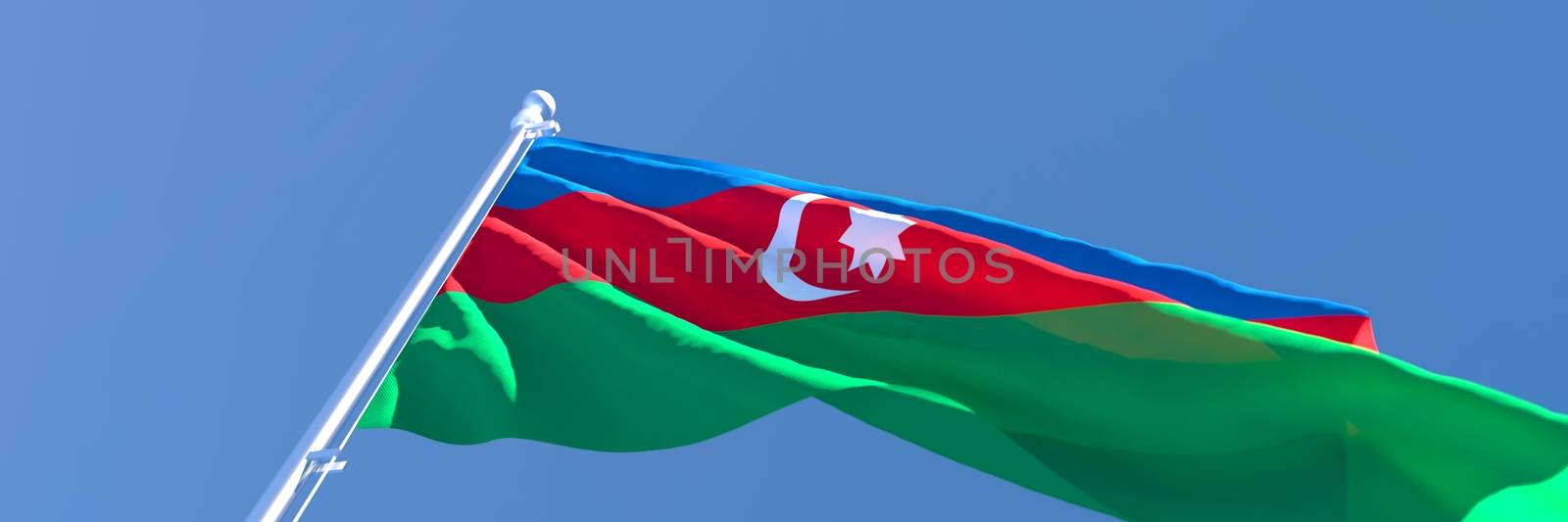 3D rendering of the national flag of Azerbaijan waving in the wind against a blue sky