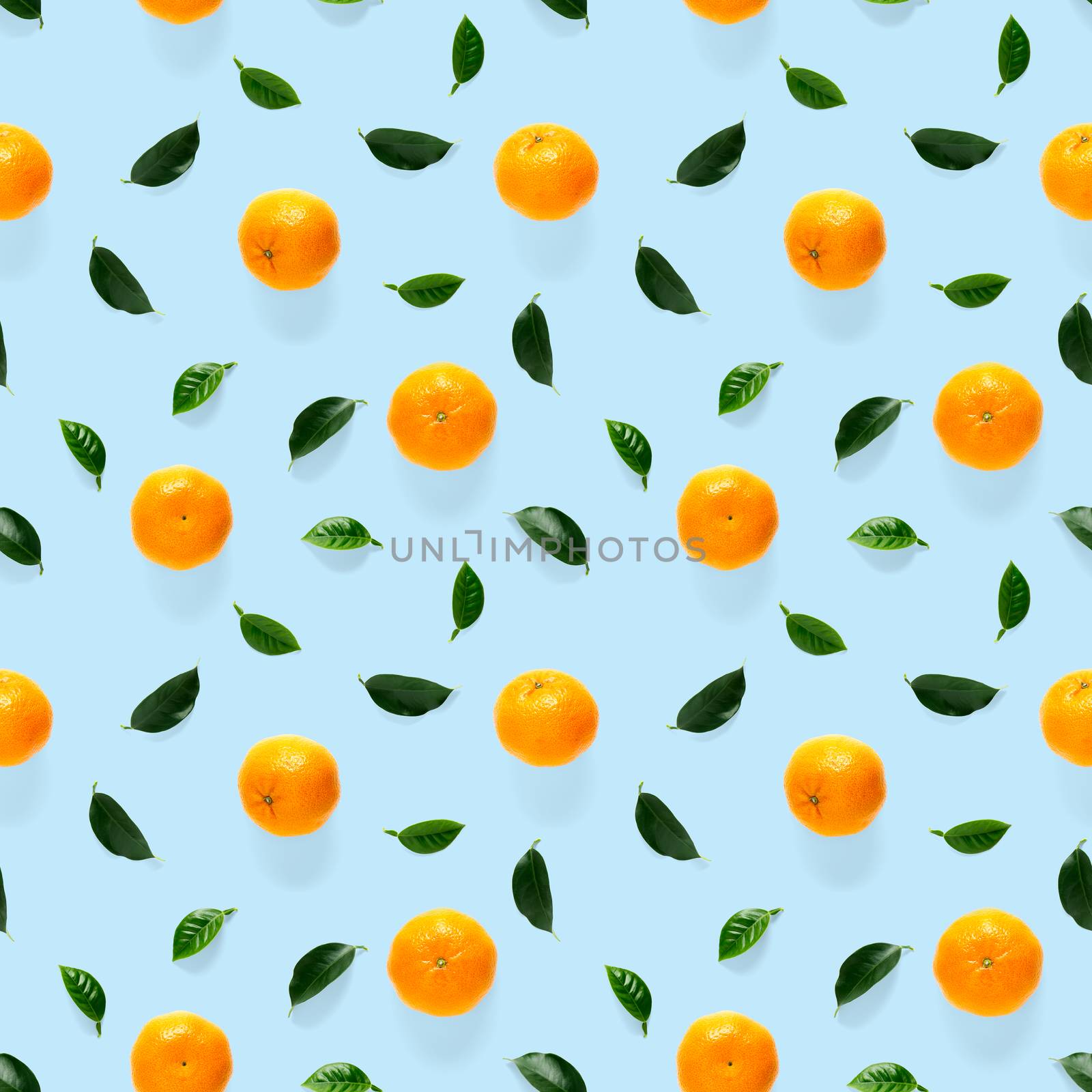 Mandarin seamless pattern, tangerine, clementine isolated on blue background with green leaves. Collection of fine Mandarine seamless patterns.