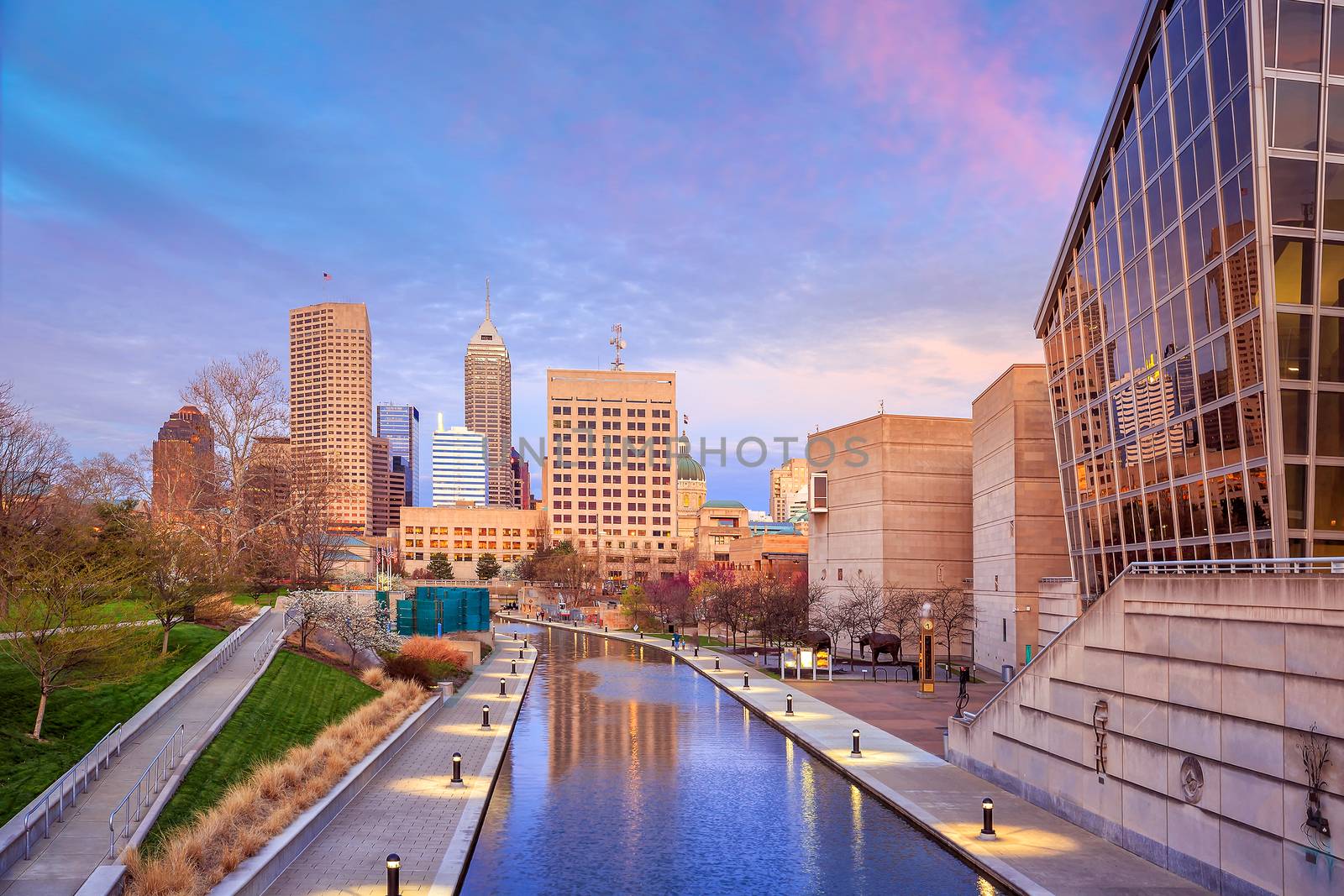 Downtown Indianapolis skyline at twilight